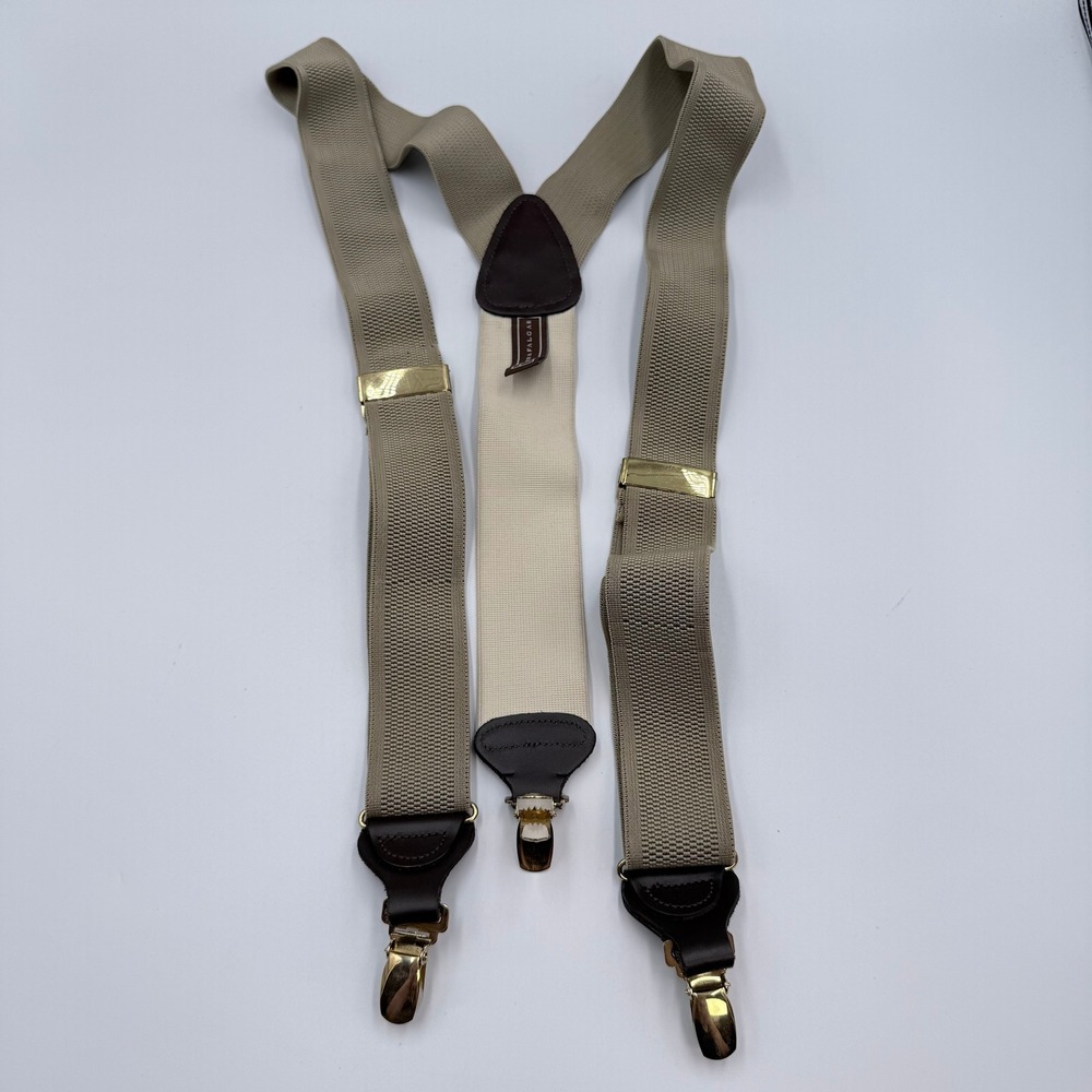 Trafalgar Mens Suspenders Tan Cream Y-Back Adjustable Gold Tone Clips Leather